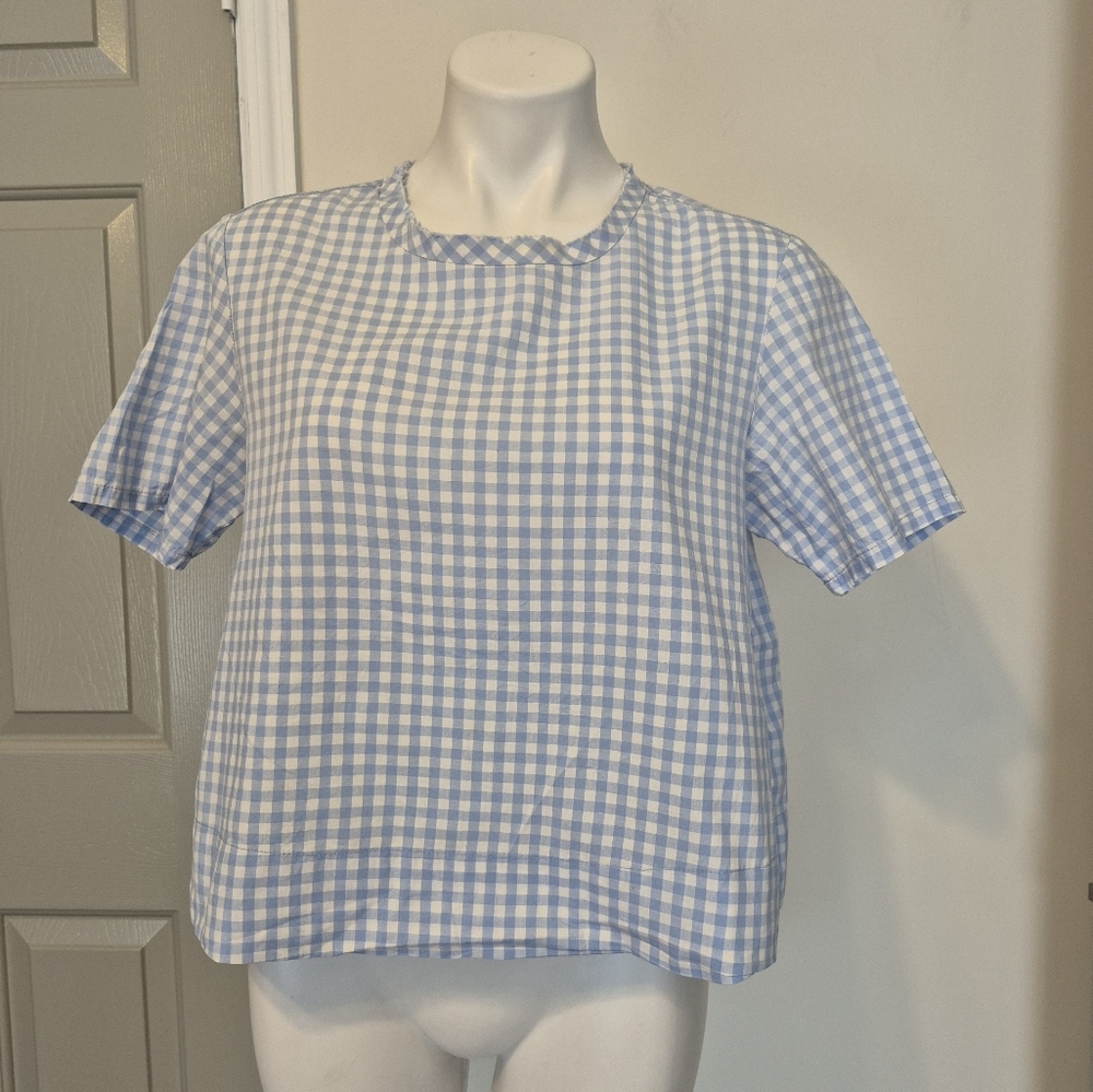 AMO Sienna Blue Classic Gingham Cotton Boxy Fit Cropped Top(XS) - Picture 2 of 8
